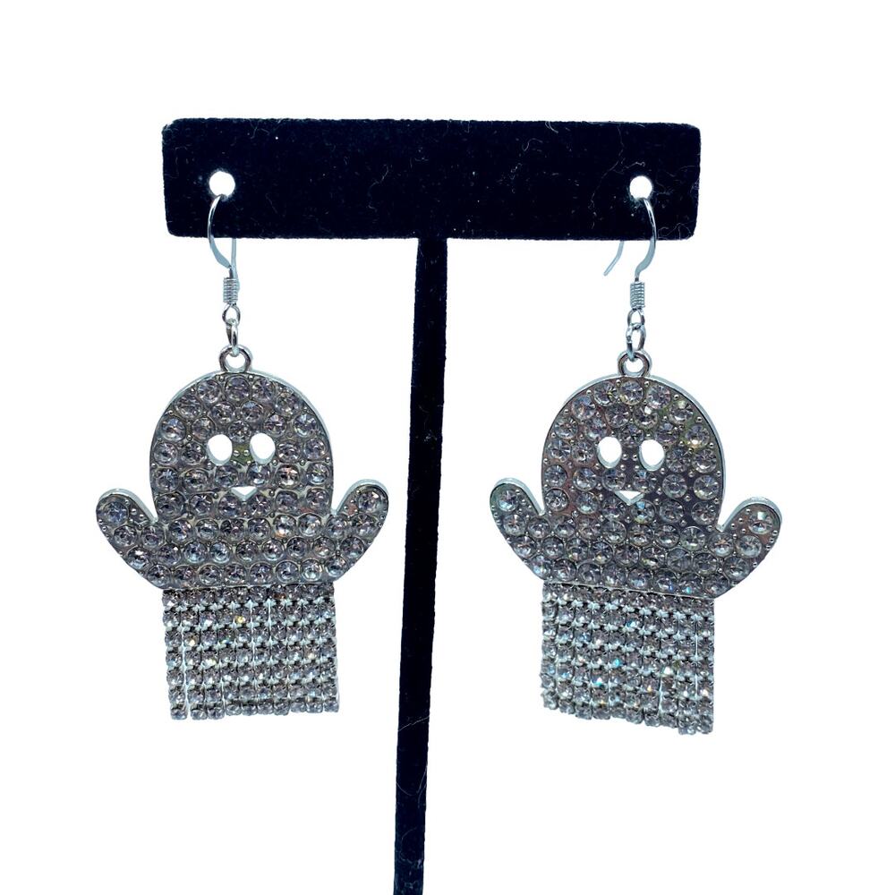 Rhinestone Ghost Crystal Fringe Earrings Halloween Statement Jewelry